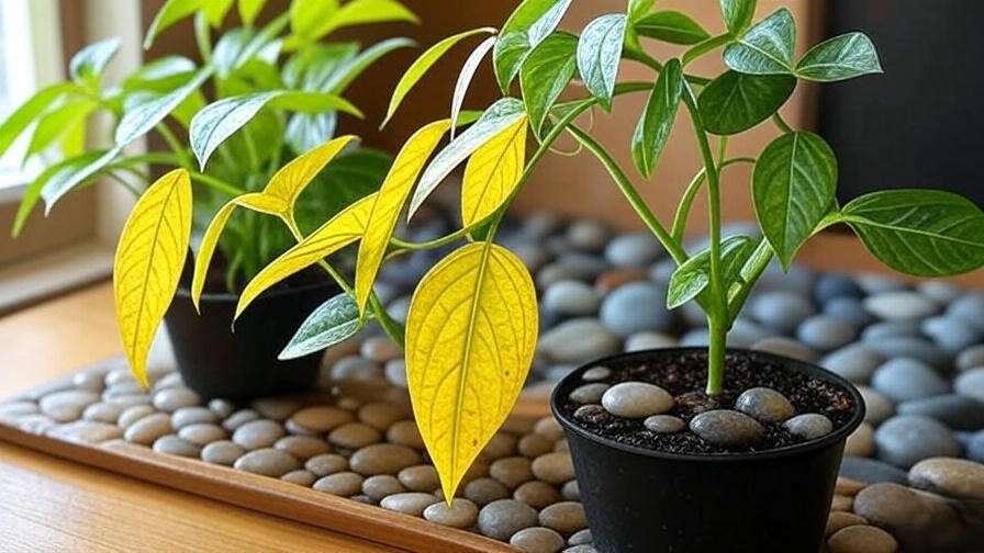 "Pellionia watermelon with yellowing leaves from overwatering compared to a healthy plant with a humidity pebble tray." 