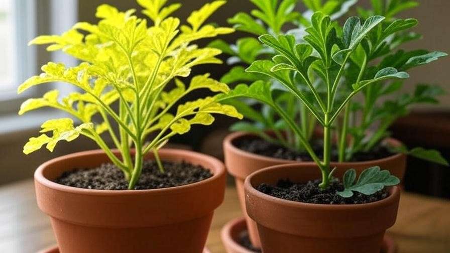 Comparison of overwatered and healthy String of Watermelon plants in terracotta pots. 