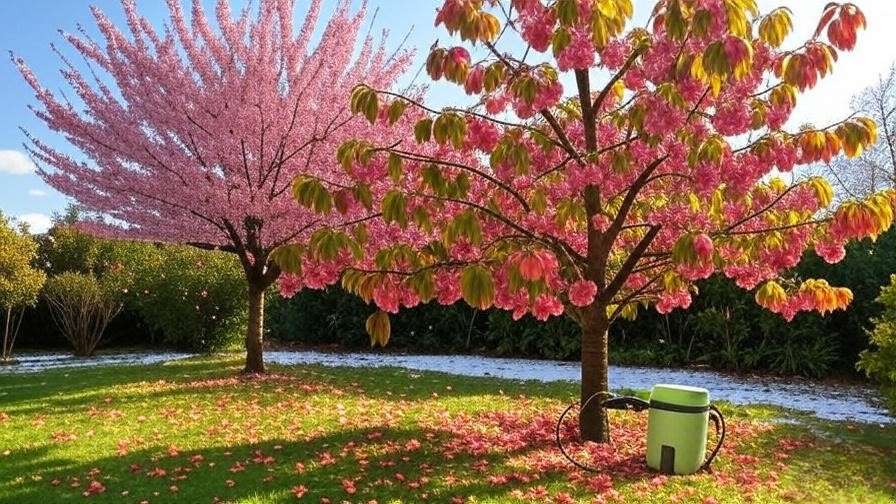 Seasonal cherry tree care with organic tools and sprayer in a bright orchard