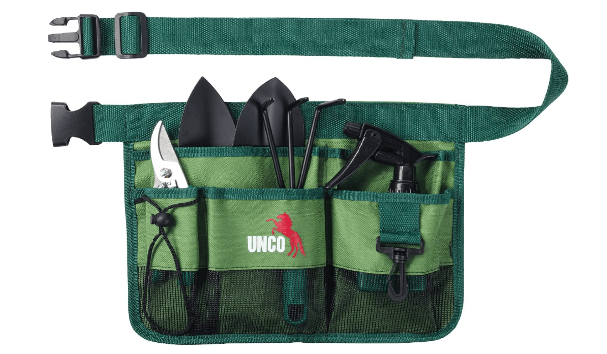 UNCO- Adjustable Gardening Belt, Green, 7 Pockets, Wear, Cut and Water Resistant, Garden Tool Belt Pouch, Waist Apron with Pockets 
