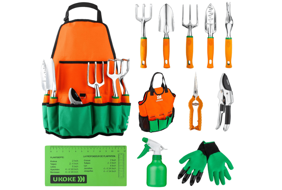 UKOKE Garden Tool Set, 12 Piece Aluminum Hand Tool Kit, Garden Canvas Apron with Storage Pocket, Outdoor Tool, Heavy Duty Gardening Work Set with Ergonomic Handle, Gardening Tools for women men 
