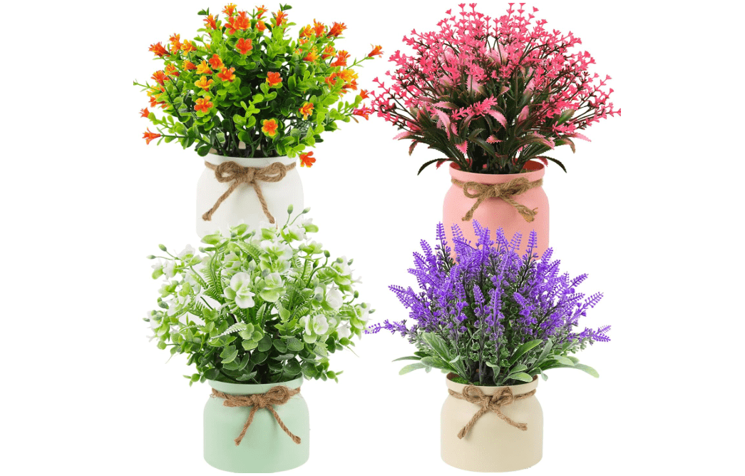 Fake Potted Plants - Set of 4 Artificial Potted Flowers Faux Plants Lavender in Macaron Pot Plastic Flowers Bonsai for Indoor Outdoor Home Kitchen Office Desktop Wedding Decor -(Medium,10.5 inch) 