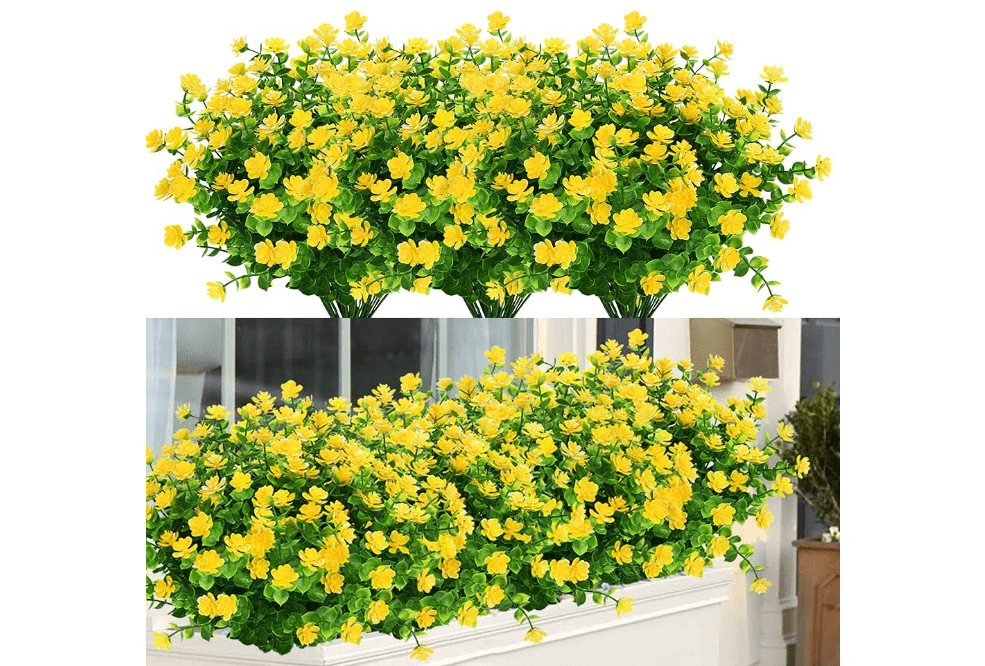 6 Bundles Outdoor Artificial Flowers UV Resistant Fake Boxwood Plants, Faux Plastic Greenery for Indoor Outside Hanging Plants Garden Porch Window Box Home Wedding Farmhouse Decor (Yellow) 