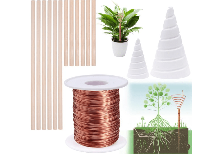 YBB Electroculture Gardening Copper Kit with 99.9% Pure Copper Wire 16 Gauge 65.6 Ft, 2 PCS Fibonacci Coil Winding Jigs, 12 PCS Wooden Stakes Antennas for Garden Plants Vegetables Growing 