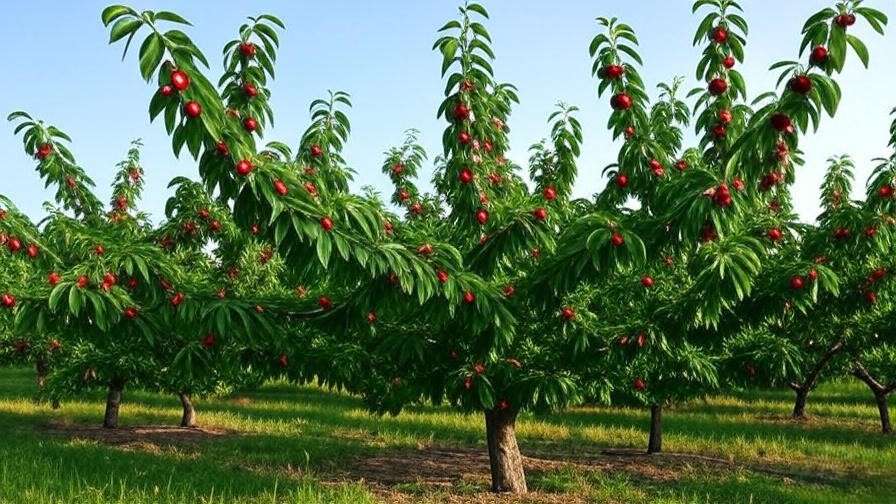 Thriving cherry orchard with ripe cherries after effective sucker control.