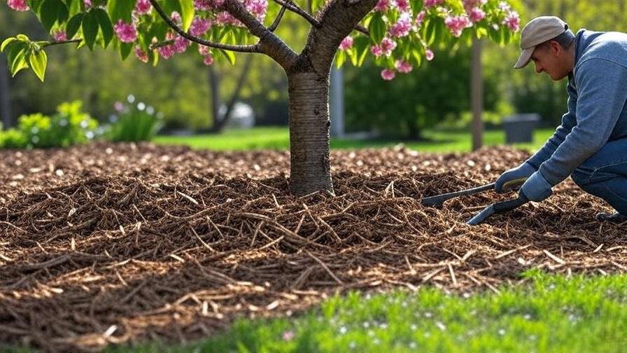 Gardener applying wood chip mulch around a cherry tree with a clear trunk gap.