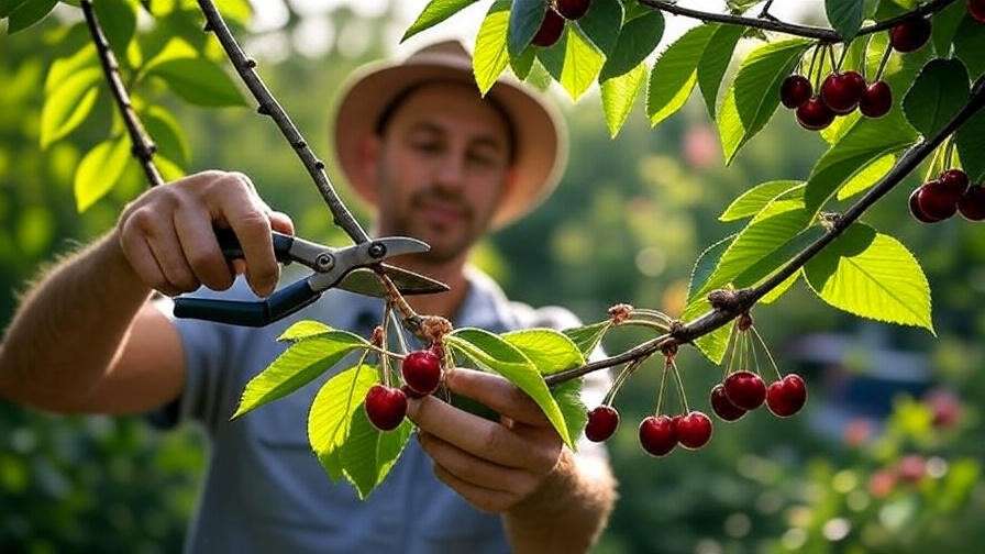 Gardener pruning a cherry tree with ripe cherries in a lush garden setting.