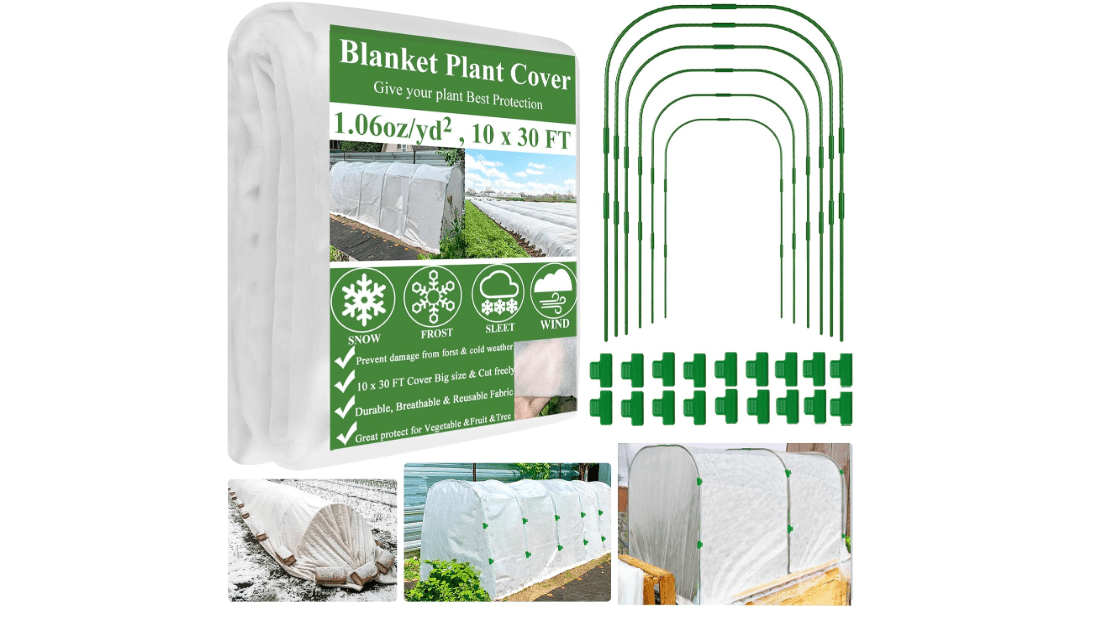 Plant Covers Freeze Protection Kit 10 x 30 Ft with 6 Pcs Tall Garden Hoops and 18 Clips Frost Cloth Plant Blankets for Plants Greenhouse Floating Row Cover Winter Frost Sun Shade Protection 
