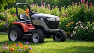 A modern garden tractor with a silver and orange design parked on a lush green lawn surrounded by colorful flower beds, showcasing its versatility for lawn maintenance."