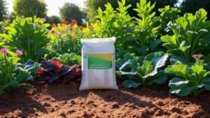 best fertilizer for clay soil. Lush garden with vibrant plants and a bag of fertilizer on clay soil under bright sunlight