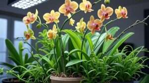 Vibrant orchids thriving under LED grow light, showcasing healthy blooms and foliage in a modern indoor space"