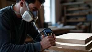 "A woodworker using a moisture meter on a piece of wood in a workshop, surrounded by tools, showcasing the best 10 moisture meters for wood in 2025."