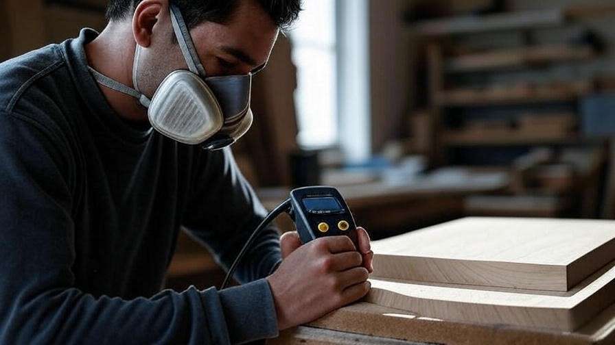 "A woodworker using a moisture meter on a piece of wood in a workshop, surrounded by tools, showcasing the best 10 moisture meters for wood in 2025."