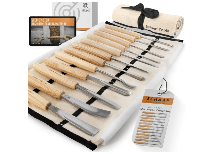 
Schaaf Wood Carving Tools Set of 12 Chisels with Canvas Case | Wood Carving Chisels with Razor Sharp CR-V 60 Steel Blades