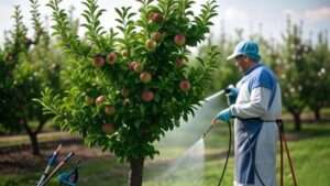 A vibrant orchard scene featuring a healthy apple tree laden with ripe apples, with a gardener in protective gear spraying pesticide using a hose-end sprayer. Gardening tools and additional trees are visible in the background under a clear sky, ideal for the article 'Best 10 Pesticides for Apple Trees in 2025: Top Picks'.