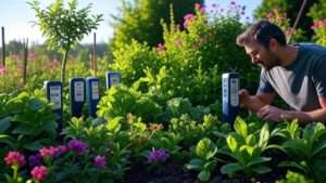 Vibrant garden with various soil pH meters inserted among lush green plants, colorful flowers, and a clear sky background, showcasing the best 10 pH meters for soil in 2025."
