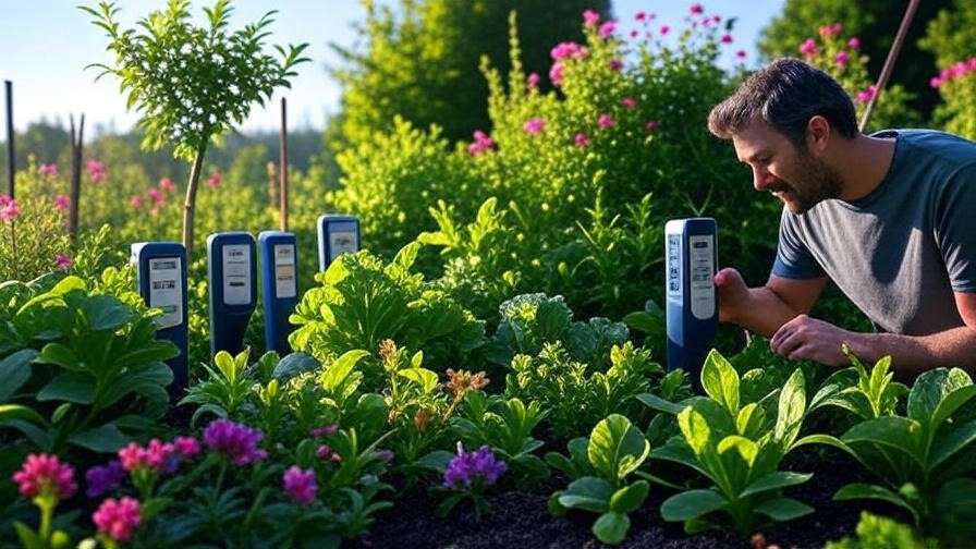 Vibrant garden with various soil pH meters inserted among lush green plants, colorful flowers, and a clear sky background, showcasing the best 10 pH meters for soil in 2025."