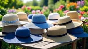 "Vibrant garden scene featuring a variety of gardening hats on display, showcasing sun protection, comfort, and style for the 'Best 10 Gardening Hats for 2025' article."