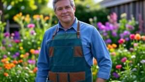 A gardener wearing a durable apron with multiple pockets, watering plants in a vibrant garden filled with colorful flowers and lush greenery, showcasing the best 10 gardening aprons of 2025.