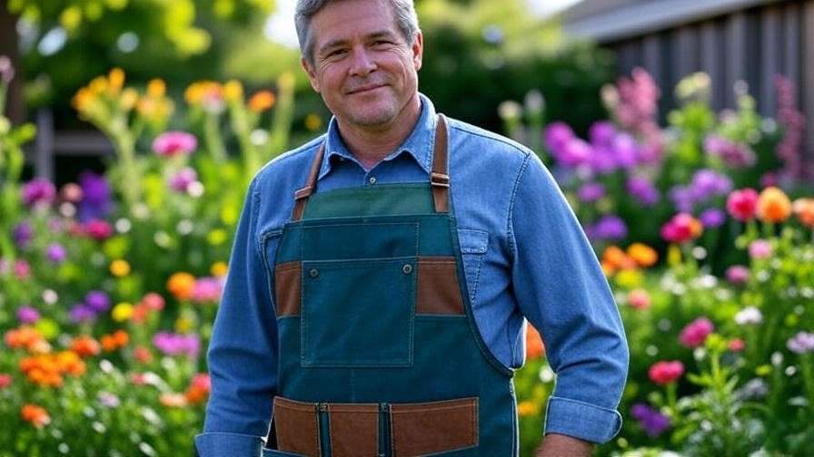 A gardener wearing a durable apron with multiple pockets, watering plants in a vibrant garden filled with colorful flowers and lush greenery, showcasing the best 10 gardening aprons of 2025.