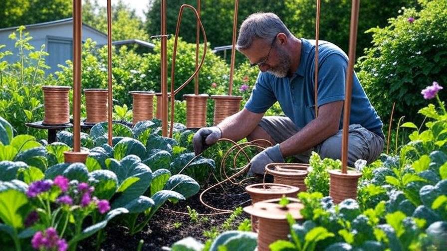 A vibrant garden featuring electroculture antennas made from copper wire, with spools of copper wire and lush green plants thriving under the sunlight, showcasing the best 10 copper wire for gardening