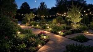 A beautifully lit garden at night featuring a winding stone pathway illuminated by a variety of outdoor garden lights, including stake lights, string lights, and spotlights. Lush greenery, colorful flowers, and trees are highlighted by warm and cool white lights, creating a magical ambiance under a crescent moon.