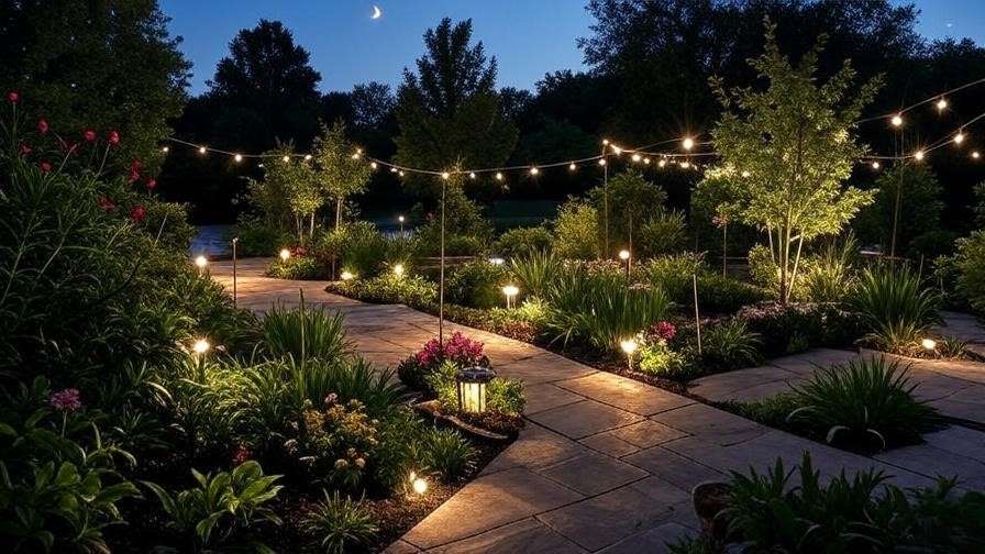 A beautifully lit garden at night featuring a winding stone pathway illuminated by a variety of outdoor garden lights, including stake lights, string lights, and spotlights. Lush greenery, colorful flowers, and trees are highlighted by warm and cool white lights, creating a magical ambiance under a crescent moon.