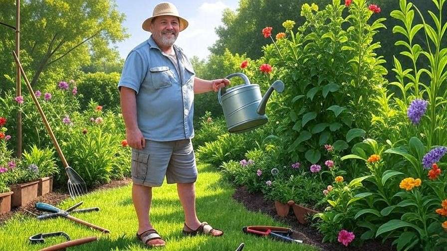 "A man watering plants in a lush garden, wearing comfortable gardening sandals, with tools and colorful flowers around