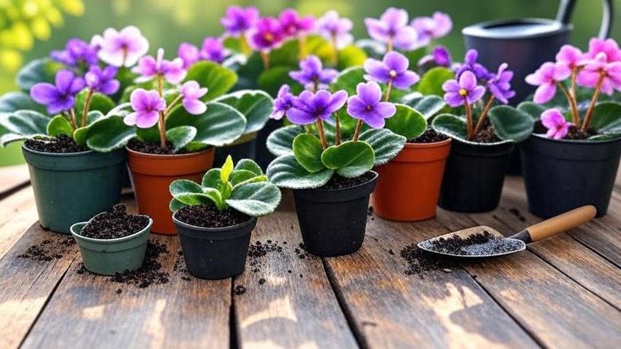 Vibrant African violets with colorful blooms in various pots filled with different soils, placed on a wooden table with gardening tools, set against a bright natural background
