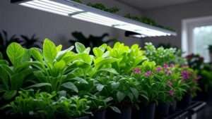 Vibrant indoor plants thriving under modern LED grow lights, featuring a variety of greenery and flowers in a professional indoor gardening setup, highlighting top picks like Spider Farmer, MARS HYDRO, and HLG for 2025.