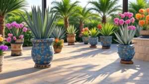 "Vibrant outdoor patio featuring the best 10 artificial plants for outside, including tropical palms, agave plants, and colorful flowers in decorative pots, showcasing durable and realistic designs under a bright sky."