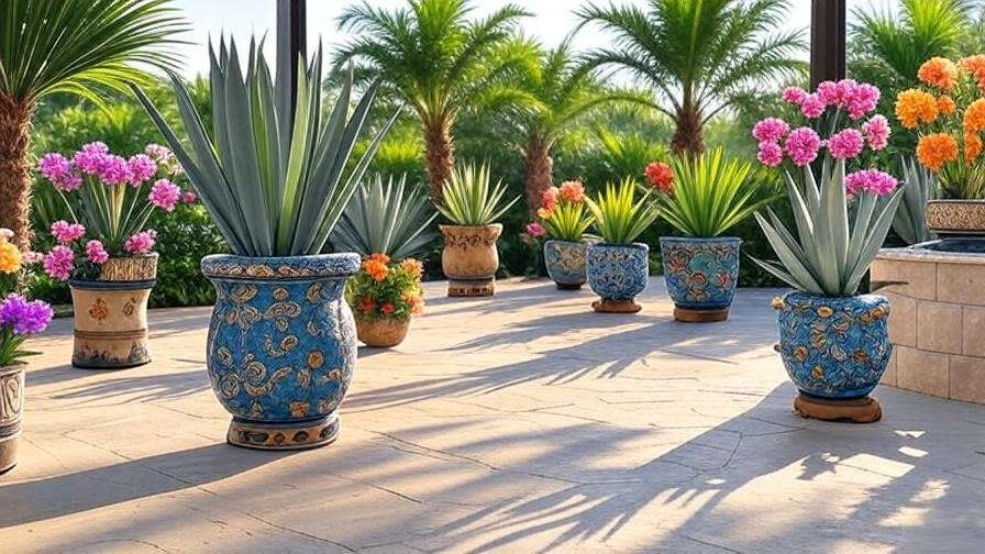 "Vibrant outdoor patio featuring the best 10 artificial plants for outside, including tropical palms, agave plants, and colorful flowers in decorative pots, showcasing durable and realistic designs under a bright sky."
