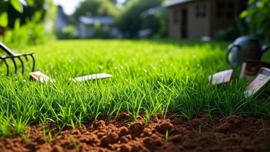 "Lush green lawn growing on clay soil with gardening tools and grass seed packets scattered around, under a bright sunny sky, featured image for the article 'Best 10 Grass Seeds for Clay Soil in 2025 – Top Picks for a Lush, Durable Lawn'