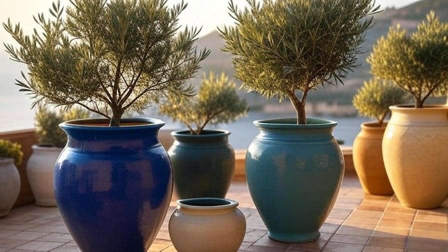 A vibrant Mediterranean patio scene featuring a variety of stylish pots with healthy olive trees, showcasing terracotta and colorful ceramic designs in a 16:9 aspect ratio, ideal for the article "Top Best 10 Pots for Olive Trees in 2025.
