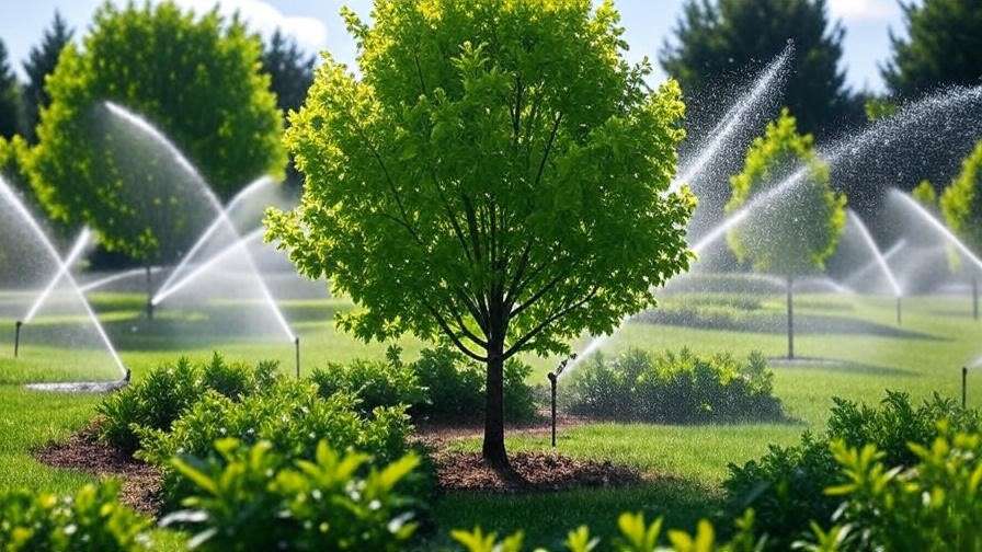 "A lush garden scene featuring vibrant green trees being watered by various sprinklers, set against a clear blue sky, for the article 'The Best 10 Sprinklers for Watering Trees in 2025'."
