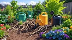 "Vibrant garden scene with deep root watering tools in use, showcasing healthy plants with visible roots, colorful flowers, and a sunny background, perfect for the Best 10 Deep Root Watering Tools article."