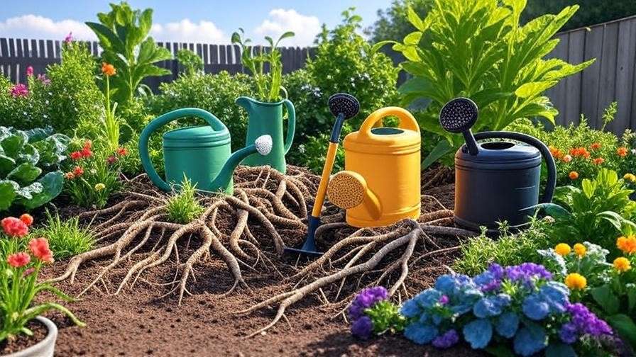 "Vibrant garden scene with deep root watering tools in use, showcasing healthy plants with visible roots, colorful flowers, and a sunny background, perfect for the Best 10 Deep Root Watering Tools article."