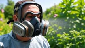 "A person wearing a high-quality respirator mask safely sprays pesticides in a lush garden, surrounded by greenery and a clear sky, highlighting safety and professionalism for the 'Best 10 Masks for Spraying Pesticides: Ultimate Guide for 2025' article."