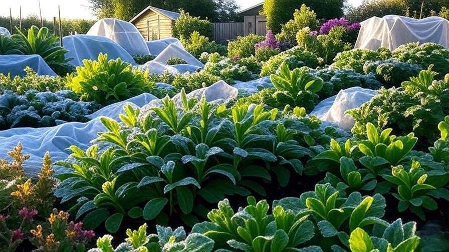 "A vibrant garden with frost-covered plants protected by various frost covers, showcasing a serene winter scene with green foliage and white protective layers, ideal for an article on the best 10 frost covers for plants in 2025."