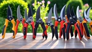 "A variety of pruning saws displayed on a wooden table with a lush green garden background, showcasing the best 10 pruning saws for effortless tree trimming in 2025."