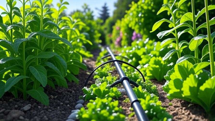 Lush garden with drip irrigation and fertilizer injector, showcasing vibrant green plants under a clear blue sky for best 10 fertilizer injector for drip irrigation 2025.