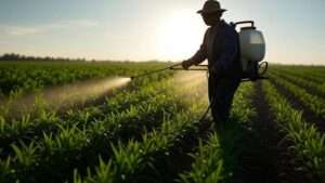"A farmer using a pesticide sprayer in a lush greenhouse, showcasing the best 10 pesticide sprayers for effective pest control in 2025.