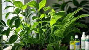 Lush indoor plants with vibrant green leaves, some with visible spider mites, surrounded by bottles of neem oil and peppermint spray pesticides, set against a clean, modern indoor background for the article 'Best 10 Pesticides for Indoor Plants in 2025'.