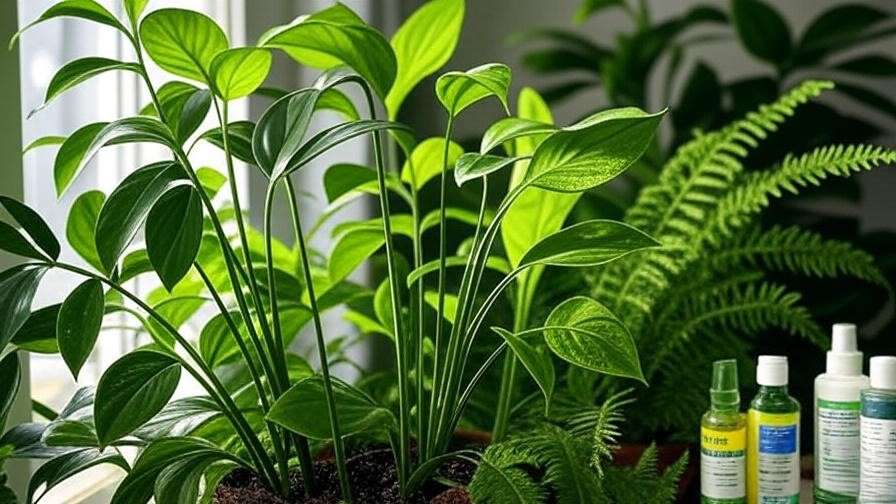 Lush indoor plants with vibrant green leaves, some with visible spider mites, surrounded by bottles of neem oil and peppermint spray pesticides, set against a clean, modern indoor background for the article 'Best 10 Pesticides for Indoor Plants in 2025'.