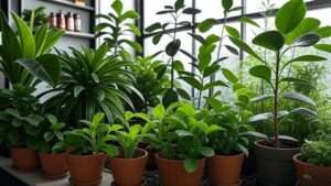 Vibrant pot plants in terracotta pots with nutrient bottles on a shelf, showcasing a modern gardening setup for the article 'Best 10 Nutrients for Pot Plants in 2025: Top Picks'.
