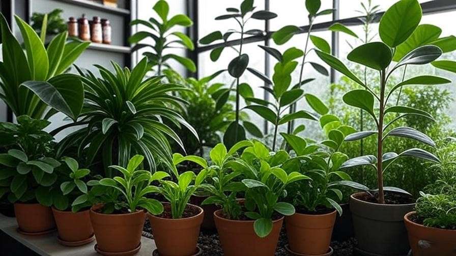 Vibrant pot plants in terracotta pots with nutrient bottles on a shelf, showcasing a modern gardening setup for the article 'Best 10 Nutrients for Pot Plants in 2025: Top Picks'.