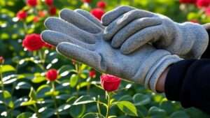 Pair of thorn-proof gardening gloves protecting hands while pruning vibrant rose bushes, showcasing safety and comfort for the 'Best 10 Rose Pruning Gloves' article, 2025.
