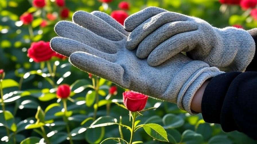 Pair of thorn-proof gardening gloves protecting hands while pruning vibrant rose bushes, showcasing safety and comfort for the 'Best 10 Rose Pruning Gloves' article, 2025.