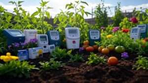 Vibrant garden scene with various soil pH testers, including digital meters and chemical kits, surrounded by healthy tomatoes, flowers, and lush greenery, under a clear sunny sky, for the article 'Best 10 pH Testers for Soil in 2025: Ultimate Guide for Gardeners'.