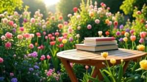 Vibrant garden scene with a wooden table holding a stack of gardening books, surrounded by colorful flowers and lush greenery, perfect for beginners learning from the best 10 gardening books in 2025.